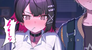 1boy 1girl @_@ black_choker black_hair blush choker collared_shirt colored_inner_hair ellen_joe ellen_joe_(on_campus) highres lollipop_in_mouth mole mole_under_eye motono_(sakamotono) multicolored_hair official_alternate_costume pink_hair red_eyes shirt short_hair white_shirt wide_sleeves wise_(zenless_zone_zero) zenless_zone_zero