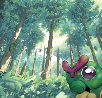 Rule 34 | animal focus, butterfree, caterpie, commentary, day, english commentary, flying, forest, gen 1 pokemon, gen 2 pokemon, highres, metapod, nature, nintendo, no humans, outdoors, pichu, pokemon, pokemon (creature), pokemon focus, pokemon rgby, pponituc, silk, solo focus, tree, viridian forest