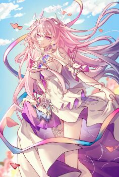 1girl absurdres aqua_hair bare_shoulders blue_sky breasts chinese_commentary cloud commentary_request cyrene_(honkai:_star_rail) cyrene_(ripples_of_past_reverie)_(honkai:_star_rail) diamond-shaped_pupils diamond_(shape) dress falling_petals flower gradient_hair hair_flower hair_ornament highres honkai:_star_rail honkai_(series) large_breasts long_hair looking_at_viewer multicolored_hair petals pink_hair purple_eyes sky solo symbol-shaped_pupils szlljxk two-tone_hair very_long_hair white_dress