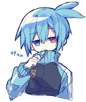 1boy blue_eyes blue_hair blue_jacket commentary_request cropped_torso double-parted_bangs futaba969649 hair_between_eyes hand_up heterochromia highres jacket long_sleeves looking_at_viewer male_focus open_mouth puyopuyo red_eyes short_hair sidelocks sig_(puyopuyo) simple_background sketch solo track_jacket white_background zipper