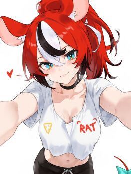 1girl absurdres alternate_costume alternate_hairstyle animal_ears black_choker black_hair black_shorts bluefield blush bow breasts choker cleavage closed_mouth collarbone commentary hair_between_eyes hakos_baelz highres hololive hololive_english large_breasts looking_at_viewer mouse_ears mouse_girl mouse_tail multicolored_hair outstretched_arms ponytail red_hair shirt short_shorts short_sleeves shorts simple_background smile solo streaked_hair sweat tail tail_bow tail_ornament virtual_youtuber white_background white_hair white_shirt