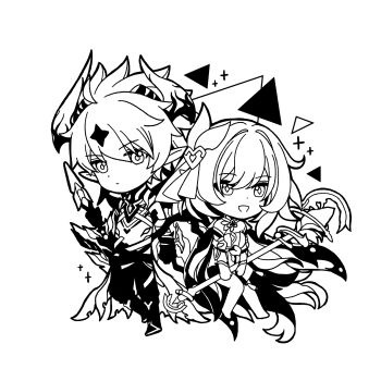 Rule 34 | alternate form, barefoot, chibi, chibi only, corset, demon horns, elf, elysia (herrscher of human: ego) (honkai impact), elysia (honkai impact), greyscale, hair ornament, highres, holding, holding staff, honkai (series), honkai impact 3rd, horns, kevin kaslana, kevin kaslana (diabolic), monochrome, pants, pointy ears, short hair, shorts, simple background, smile, staff, star (zhongyan88528)