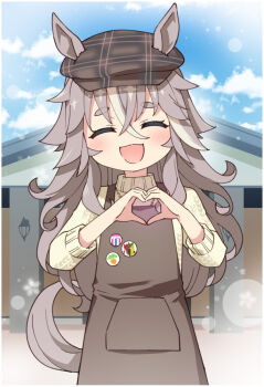 1girl animal_ears apron blush brown_apron closed_eyes day facing_viewer grey_hair hair_between_eyes hat heart heart_hands horse_ears horse_girl horse_tail long_hair long_sleeves multicolored_hair newsboy_cap open_mouth outdoors solo streaked_hair sweater tail thick_eyebrows toto_nemigi turtleneck turtleneck_sweater umamusume wonder_acute_(umamusume)
