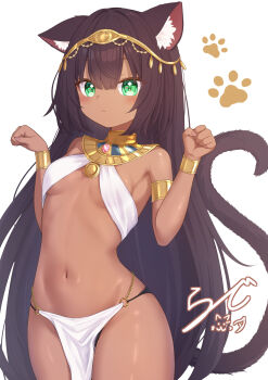 1girl ancient_egyptian ancient_egyptian_clothes animal_ears armlet bracelet breasts brown_hair cat_ears cat_girl cat_tail circlet commentary_request dark-skinned_female dark_skin expressionless eye_of_horus gold_armlet gold_bracelet gold_circlet green_eyes highres brown_egyptian_cat-eared_loli_(trend) jewelry long_hair looking_at_viewer navel original paw_pose paw_print paw_print_background pelvic_curtain rade_(rade_552) signature simple_background sling_bikini_top small_breasts solo stomach tail usekh_collar very_long_hair white_background