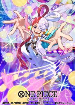 1girl black_ribbon blue_gloves boots commentary_request copyright_name dress elbow_gloves gloves hair_over_one_eye headset musical_staff neck_ribbon official_art one_piece one_piece_card_game open_mouth otton pink_wings purple_eyes red_hair ribbon single_elbow_glove smile solo twintails two-tone_wings uta_(one_piece) white_dress white_hair white_wings wings