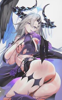 1girl absurdres ass bare_shoulders black_horns black_wings blue_horns blue_wings breasts colored_extremities commentary_request demon_horns feet_out_of_frame finger_in_own_mouth finger_to_mouth grey_hair hair_between_eyes hair_ornament highres horns huge_breasts korean_commentary krabking long_hair looking_at_viewer multicolored_horns multicolored_wings navel original partially_visible_vulva pointy_ears purple_eyes purple_hands simple_background solo two-tone_horns two-tone_wings white_background wings
