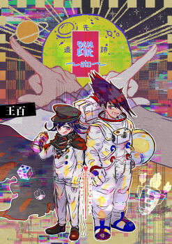 Rule 34 | 2boys, abstract background, arm belt, backpack, bag, belt, black cape, black hat, black scarf, boots, bottle, brown shoes, buttons, cape, checkered clothes, checkered scarf, collared cape, colorful background, commentary request, danganronpa (series), danganronpa v3: killing harmony, delidelidelic, dice, dress pants, dress shoes, facial hair, fingernails, floating cape, full body, gloves, goatee, grin, hair between eyes, hand on own hip, happy, hat, heart, helmet, high collar, highres, holding, holding bottle, holding unworn helmet, jacket, jumpsuit, long sleeves, male focus, momota kaito, moon, multicolored buttons, multiple belts, multiple boys, oma kokichi, open belt, outline, pale skin, pants, peaked cap, planet, planetary ring, pointing, purple eyes, purple hair, rocket, scarf, shoes, short hair, sleeves past wrists, smile, smug, soda bottle, space, space helmet, thigh belt, thigh strap, torn cape, torn clothes, torn jacket, translation request, two-tone scarf, unworn headwear, unworn helmet, white bag, white boots, white gloves, white jacket, white jumpsuit, white outline, white pants, white scarf, wrist belt