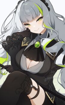 1girl absurdres ascot black_ascot black_gloves black_hairband black_jacket black_thighhighs blunt_bangs breasts brooch coco96273736 commentary crossed_legs firenze_(stella_sora) frilled_sleeves frills gem gloves green_eyes green_gem green_hair green_streaks grey_hair hairband highres jacket jewelry lace-trimmed_hairband lace_trim large_breasts long_hair long_sleeves looking_at_viewer multicolored_hair simple_background sitting smile solo stella_sora streaked_hair thighhighs two-tone_hair watermark wavy_hair white_background wide_sleeves