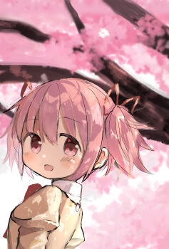 1girl blurry blurry_background blush bow bowtie cherry_blossoms commentary_request dappled_sunlight highres juliet_sleeves kaname_madoka long_sleeves looking_at_viewer looking_back mahou_shoujo_madoka_magica mahou_shoujo_madoka_magica_(anime) mitakihara_school_uniform open_mouth pink_eyes pink_hair puffy_sleeves red_bow red_bowtie school_uniform shirt short_twintails smile solo sunlight twintails upper_body white_background yellow_shirt yuukarirakkumasuki