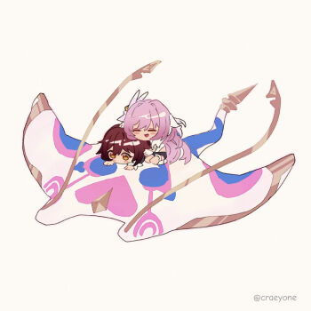 Rule 34 | 2girls, black shorts, blush, brown hair, chibi, chibi only, commentary, crae (craeyone), eden (honkai impact), elysia (herrscher of human: ego) (honkai impact), elysia (honkai impact), english commentary, hair ornament, honkai (series), honkai impact 3rd, long hair, lying on animal, manta ray, multicolored hair, multiple girls, open mouth, pink hair, shorts, simple background, sitting on animal, smile, spirit of origin (honkai impact), two-tone hair, white hair