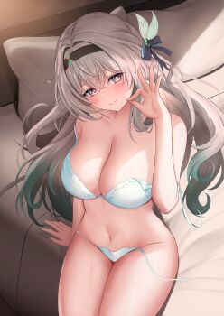 1girl absurdres aqua_bra aqua_hair aqua_panties black_hairband blush bra breasts cleavage closed_mouth commentary_request double_strap_slip firefly_(honkai:_star_rail) gradient_hair grey_hair hairband hand_up highres honkai:_star_rail honkai_(series) large_breasts long_hair looking_at_viewer multicolored_hair navel ok_sign on_bed panties shouhaku0512 side-tie_panties sitting smile solo stomach underwear untied_panties very_long_hair