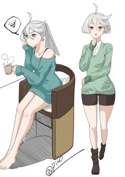 1girl 715piro_gon absurdres ahoge alternate_hairstyle bare_legs barefoot black_shorts blue_sweater closed_mouth coffee_mug commentary cup earrings green_sweater grey_eyes gundam gundam_suisei_no_majo highres holding holding_cup jewelry long_hair looking_at_viewer miorine_rembran mug multiple_views open_mouth ponytail short_hair shorts simple_background spoken_squiggle squiggle stud_earrings sweater white_background white_hair