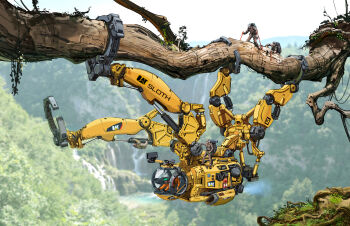 absurdly_detailed_composition absurdres ambiguous_gender animal-themed_vehicle branch commentary english_commentary forest highres holding holding_branch in_tree leaf longque_chen machinery mecha military military_vehicle nature original outdoors robot scenery sloth_(animal) tree water waterfall