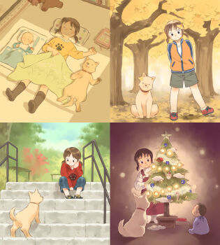 4girls animal_collar animal_costume ankle_socks autumn bad_id black_shoes black_socks blanket blue_pants blue_sky blue_sleeves book bookshelf box brown_fur brown_hair brown_tail capri_pants christmas christmas_lights christmas_ornaments christmas_tree collar collared_jacket commentary_request contrast_collar crew_neck dated_commentary day denim denim_dress dog dress dual_persona from_above full_body gift gift_box ginkgo_leaf grass grey_shorts head_tilt hood hoodie jacket knee_blush kneehighs koike_sadaji laces leaf leaf_on_head looking_at_animal looking_at_another low_twintails lying multiple_girls muntins on_back on_floor onesie orange_jacket original outdoors overalls pants pantyhose partially_open_jacket partially_unzipped paw_print pillow print_shirt railing red_collar red_dress red_hood red_hoodie red_overalls red_shoes red_sleeves shadow shirt shoes short_twintails shorts sitting sky slice_of_life smile sneakers socks split_mouth stairs standing standing_on_one_leg star_(symbol) star_ornament stone_stairs stuffed_animal stuffed_toy sweater teddy_bear three-quarter_sleeves tree tree-topper turtleneck turtleneck_sweater twintails undershirt warm_colored white_pantyhose white_shirt white_sleeves white_socks white_sweater window_light yellow_leaf yellow_leaves yellow_shirt