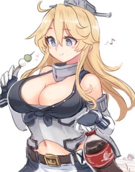 Rule 34 | 1other, 2girls, animal, batsubyou, blonde hair, blue eyes, bottle, breasts, cat, cleavage, closed mouth, coca-cola, cola, dango, eating, eighth note, elbow gloves, error musume, food, front-tie top, gloves, hair between eyes, heart, holding, holding food, iowa (kancolle), kantai collection, large breasts, long hair, multiple girls, musical note, navel, sanshoku dango, simple background, smile, star-shaped pupils, star (symbol), symbol-shaped pupils, utopia (utopiavl), wagashi, white background
