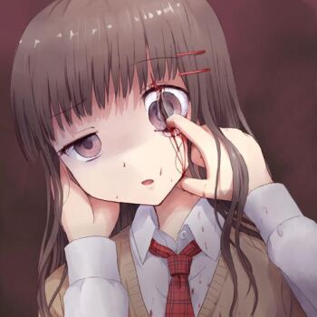 1girl bleeding blood blood_on_clothes brown_hair eye_penetration eye_torture guro hair_ornament purple_eyes school_uniform