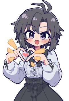 1girl antenna_hair black_eyes black_hair black_skirt blush fis_(t83192933) four-finger_heart_hands heart heart_hands high-waist_skirt highres idolmaster idolmaster_(classic) kikuchi_makoto long_sleeves looking_at_viewer open_mouth shirt shirt_tucked_in short_hair simple_background skirt smile solo upper_body white_background