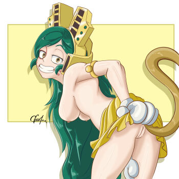 1girl absurdres boku_no_hero_academia breasts cat_tail cifer.4 clothes_lift flashing green_hair highres large_breasts lifting_own_clothes nipples non-web_source pussy ragdoll_(boku_no_hero_academia) seductive_smile self-upload skirt skirt_lift smile solo tail yellow_eyes