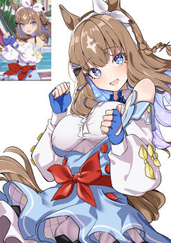 +_+ 1girl absurdres ahti almond_eye_(the_changer)_(umamusume) almond_eye_(umamusume) animal_ears bare_shoulders blue_eyes blue_gloves blush bow_hairband braid braided_sidelocks breasts brown_hair checkered_collar colored_inner_hair commentary_request dancing detached_sleeves dress fingerless_gloves game_screenshot_inset gloves hair_ornament hairband hairclip highres horse_ears horse_girl horse_tail large_breasts long_hair looking_at_viewer multicolored_hair open_mouth red_button screenshot_inset sidelocks smile solo symbol-shaped_pupils tail umamusume white_hairband x-shaped_pupils