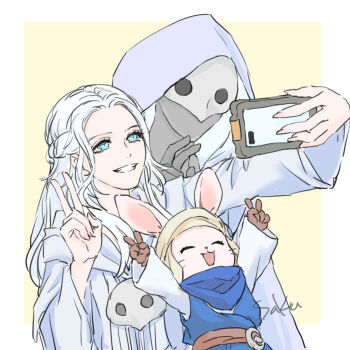 1boy 1girl 1other ^_^ animal_ears arms_up blue_eyes border closed_eyes final_fantasy final_fantasy_xiv grin highres holding holding_phone hood hood_up hooded_robe long_hair loporrit mask mask_around_neck open_mouth outside_border phone rabbit_ears robe saku_ff11 signature simple_background smile sophist&#039;s_robe_(ff14) taking_picture the_watcher_(ff14) turban unworn_mask upper_body v venat_(ff14) white_border white_hair white_robe yellow_background