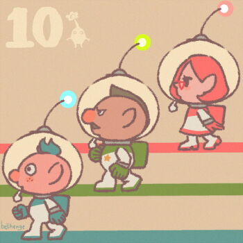 Rule 34 | 1girl, 2boys, alph (pikmin), bellhenge, black eyes, brittany (pikmin), charlie (pikmin), dress, from side, full body, glasses, gloves, helmet, long hair, multiple boys, nintendo, pikmin (creature), pikmin (series), pikmin 3, pink hair, pointy ears, rock pikmin, short hair, space helmet, spacesuit, whistle