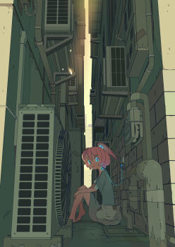 1girl absurdres alley android arm_tattoo barefoot blue_eyes cat charging_person colored_eyelashes commentary_request condenser_unit dress glowing glowing_eyes glowing_tattoo grey_dress highres industrial_pipe looking_at_viewer mii_shintaro number_tattoo on_ground original parted_lips pink_hair sitting tattoo twintails vanishing_point