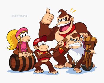 Rule 34 | 1girl, 3boys, anger vein, angry, barrel, beard, black eyes, blonde hair, chair, closed eyes, cranky kong, diddy kong, dixie kong, donkey kong, donkey kong (series), donkey kong country, earrings, facial hair, glasses, hat, jewelry, multiple boys, necktie, nintendo, one eye closed, open mouth, ponytail, shirt, sitting, smile, tail, thumbs up, vinny (dingitydingus), white background