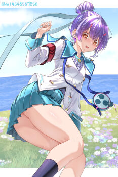 Rule 34 | 1girl, absurdres, alternate costume, ass, blue skirt, breasts, cowboy shot, fiona (xenoblade), hair bun, highres, jacket, miniskirt, ocean, pleated skirt, purple hair, skirt, solo, thighs, wade (njud8343), water, white jacket, xenoblade chronicles (series), xenoblade chronicles 3, yellow eyes