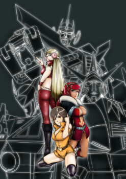 1980s_(style) 3girls angel_omachi ass baxingar belt birdy_shaw blonde_hair blue_eyes boots braiger breasts brown_eyes brown_hair cape character_request dark-skinned_female dark_skin ginga_reppuu_baxingar ginga_senpuu_braiger ginga_shippuu_sasuraiger j9_series layla_mineri long_hair machiko_valencia mecha midriff multiple_girls oldschool retro_artstyle robot sasuraiger_(mecha) science_fiction