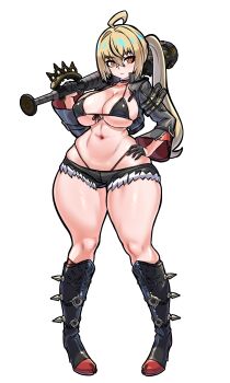 1girl absurdres aged_up ahoge alternate_breast_size_(larger) baseball_bat black_boots black_bra black_gloves black_jacket black_shorts blonde_hair boots bra breasts covered_erect_nipples crossed_bangs curvy full_body gloves hair_between_eyes hair_intakes hand_on_own_hip high_heel_boots high_heels highleg highleg_panties highres holding holding_weapon jacket large_breasts looking_at_viewer luciana_de_montefio mask micro_bra micro_shorts midriff mold_(pixiv6616319) mouth_mask navel open_clothes open_jacket over_shoulder panties panty_straps red_eyes red_panties shorts side_ponytail sideboob sidelocks simple_background skindentation solo spiked_boots spiked_helmet spiked_knuckles standing thick_thighs thighs underboob underwear weapon weapon_over_shoulder white_background wide_sleeves zenless_zone_zero