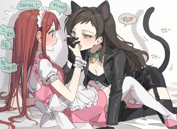 2girls animal_ears apron black_boots black_gloves black_jacket blush boots breasts brown_eyes brown_hair cat_ears cat_tail cleavage dress ear_blush eye_contact gloves hano9789 heart highres idolmaster idolmaster_million_live! idolmaster_million_live!_theater_days jacket kitazawa_shiho korean_text licking long_hair long_sleeves looking_at_another maid_headdress multiple_girls official_alternate_costume pink_dress pretty_waitress_(idolmaster) red_hair sexy_spy_(idolmaster) short_sleeves speech_bubble spoken_heart straight_hair tail tanaka_kotoha thigh_boots translation_request waist_apron waitress white_apron yuri