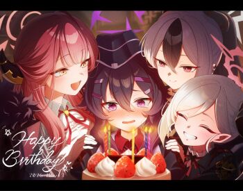 4girls aru_(blue_archive) birthday birthday_cake black_hair black_horns black_jacket blue_archive blush bright_pupils brown_horns cake candle candlelight chieru_(pixiv_124058144) closed_mouth coat coat_on_shoulders collared_shirt commentary_request dated demon_horns earclip english_text film_grain food garrison_cap grey_halo grin hair_between_eyes hair_ornament hairclip halo happy_birthday haruka_(blue_archive) hat highres horns jacket kayoko_(blue_archive) letterboxed long_hair low_horns multicolored_hair multiple_girls mutsuki_(blue_archive) neck_ribbon open_mouth orange_eyes orange_halo pink_hair pointy_ears problem_solver_68_(blue_archive) purple_eyes purple_hair purple_halo purple_hat purple_jacket red_coat red_eyes red_halo red_ribbon red_shirt ribbon shirt smile two-tone_hair white_hair white_pupils white_shirt