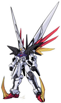 aqua_eyes armor artist_name clenched_hands full_body g_gundam gundam gundam_heaven&#039;s_sword haganef highres joints mecha mecha_focus mobile_suit no_humans no_pupils robot robot_joints shoulder_armor signature simple_background solo standing v-fin white_background wings