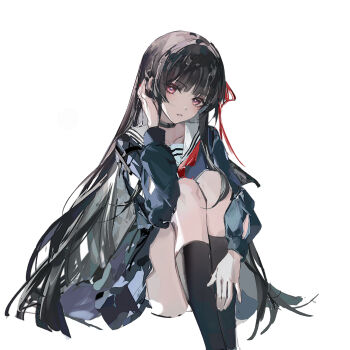 1girl arm_cutout black_choker black_hair black_jacket black_socks chisa_(wuthering_waves) choker clothing_cutout feet_out_of_frame h4nam1 hair_ribbon highres jacket knees_up long_hair long_sleeves looking_at_viewer neckerchief parted_lips red_eyes red_neckerchief red_ribbon ribbon sailor_collar simple_background sitting socks solo thighs very_long_hair white_background white_sailor_collar wuthering_waves