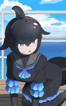 1girl absurdres all_fours black_dress black_gloves black_hair black_pantyhose blowhole blue_eyes blue_neckerchief blue_trim blush cetacean_tail dolphin_girl dorsal_fin dress elbow_gloves fins fish_tail frilled_sleeves frills gloves hair_between_eyes harusan_adelie head_fins highres kemono_friends looking_at_viewer neckerchief ocean pantyhose sailor_collar sailor_dress ship_deck short-finned_pilot_whale_(kemono_friends) short_hair short_sleeves sidelocks solo tail