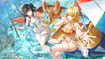 2girls absurdres arm_garter bare_shoulders bikini bikini_under_clothes black_hair blonde_hair blue_hair boat breasts choker commentary crop_top crossed_legs detached_sleeves english_commentary fenny_golden fishing_rod frilled_bikini frilled_thigh_strap frills gradient_hair grin hair_ornament highres holding large_breasts long_hair looking_at_viewer low_twintails midriff multicolored_hair multiple_girls navel official_art open_mouth orange_bikini orange_eyes orange_slingshot_swimsuit outstretched_arm sandals see-through_clothes see-through_shorts shirt short_shorts short_sleeves shorts siris_(snowbreak) sitting sleeveless sleeveless_shirt slingshot_swimsuit smile snowbreak:_containment_zone stomach streaked_hair swimsuit thigh_strap thighs twintails two-tone_hair two_side_up v very_long_hair water watercraft white_choker white_shirt white_shorts yellow_eyes