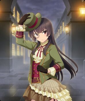 Rule 34 | 1girl, adjusting clothes, adjusting headwear, arch, ascot, black gloves, black hair, blunt ends, brown skirt, buttons, closed mouth, cloud, cloudy sky, double-breasted, game cg, gloves, green ascot, green hat, green jacket, hat, jacket, juujou hiyori, layered skirt, long hair, looking at viewer, monocle, neck ribbon, night, official art, open clothes, open jacket, outdoors, pinstripe pattern, pinstripe skirt, red eyes, red ribbon, red shirt, ribbon, shirt, skirt, sky, solo, stone walkway, striped clothes, striped skirt, third-party source, toji no miko, toji no miko: kizamishi issen no tomoshibi, town, vertical-striped clothes, vertical-striped skirt, victorian, wall lamp, yellow skirt