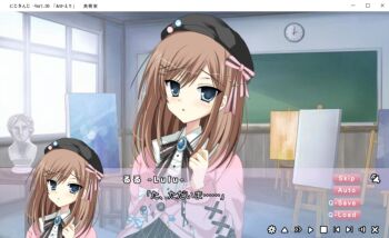 1girl 2000s_(style) :o badge beret black_bow black_hat black_ribbon black_skirt blue_eyes blush bow brown_hair button_badge buttons cardigan classroom collared_shirt dialogue_box fake_screenshot faux_retro_artstyle hair_ornament hairclip hashtag-only_commentary hat hat_bow head_tilt highres long_sleeves looking_at_viewer medium_hair neck_ribbon nijisanji p8vpdb pink_bow pink_cardigan raised_eyebrows ribbon shirt skirt solo suzuhara_lulu suzuhara_lulu_(1st_costume) two-tone_bow user_interface virtual_youtuber visual_novel white_shirt window_(computing) wing_collar