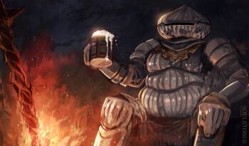 1boy absurdres alcohol armor armored_boots beer bonfire_(dark_souls) boots commentary cup dark_souls_(series) dark_souls_iii english_commentary feet_out_of_frame fire full_armor helmet highres holding holding_cup knight male_focus mug siegward_of_catarina sitting solo sword temmaru1 weapon