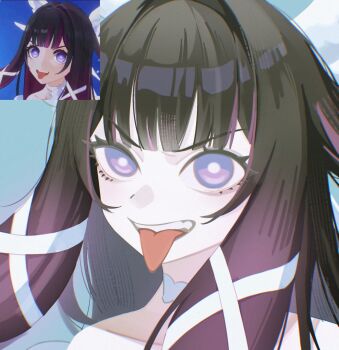 1girl big_itachi black_hair columbina_(genshin_impact) game_screenshot_inset genshin_impact gradient_hair hair_ornament head_wings highres long_hair looking_at_viewer multicolored_hair purple_eyes purple_hair solo tongue tongue_out very_long_hair wings