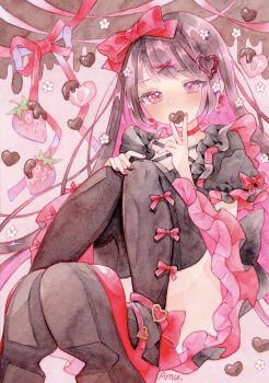 Rule 34 | 1girl, amu (m aa), artist name, blunt bangs, blush, bow, brown hair, brown shoes, brown thighhighs, candy, chocolate, chocolate heart, covering own mouth, dot nose, flower, food, food in mouth, frills, fruit, hair bow, hair flower, hair ornament, hairclip, heart, heart-shaped food, heart-shaped pupils, heart hair ornament, highres, long hair, original, painting (medium), parted bangs, purple bow, purple eyes, purple ribbon, ribbon, shoes, signature, strawberry, symbol-shaped pupils, thigh bow, thighhighs, thighs, traditional media, valentine, watercolor (medium)