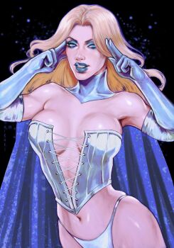 1girl absurdres blonde_hair blue_eyes blue_lips breasts cape corset emma_frost gloves highres jewelry large_breasts lipstick looking_at_viewer makeup marvel miruki09 navel panties solo underwear x-men