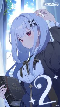 Rule 34 | 1girl, absurdres, black corset, blue hair, book, breasts, brown ribbon, commentary, corset, countdown, day, deyui, english commentary, flower, freesia (stella sora), hair flower, hair ornament, highres, holding, holding book, indoors, large breasts, neck ribbon, official art, red eyes, ribbon, solo, stella sora, striped ribbon, underbust, white flower, window