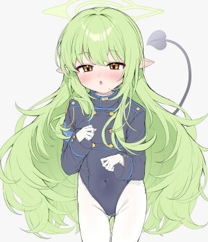 1girl :o black_jacket black_one-piece_swimsuit blue_archive blush commentary covered_navel demon_tail gloves green_hair green_halo halo highres hikari_(blue_archive) jacket long_hair long_sleeves metaljelly one-piece_swimsuit pantyhose pointy_ears solo swimsuit symbol-only_commentary tail very_long_hair white_gloves white_pantyhose