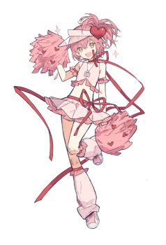 Rule 34 | 1girl, amulet heart, cheerleader, crop top, flat chest, frilled tank top, full body, gougougougou, hair ornament, heart, heart hair ornament, highres, hinamori amu, holding, holding pom poms, leg up, leg warmers, looking at viewer, midriff, one side up, open mouth, pink hair, pink leg warmers, pink skirt, pink tank top, pom pom (cheerleading), pom poms, red ribbon, ribbon, shoes, short hair, shugo chara!, simple background, skirt, sneakers, solo, tank top, visor cap, white background, yellow eyes