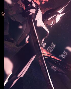 1girl absurdres animal_ear_fluff animal_ears aqua_jacket artist_logo belt black_hair black_necktie black_skirt bridge building commentary commentary_request english_commentary fingerless_gloves fox_ears fox_girl gloves high-waist_skirt highres holding holding_sword holding_weapon hoshimi_miyabi jacket katana letterboxed logo long_hair looking_at_viewer necktie night night_sky open_mouth outdoors pantyhose partial_commentary quragenomiken red_eyes reflection shirt single_fingerless_glove skirt sky solo standing star_(sky) starry_sky sword tree weapon white_shirt zenless_zone_zero