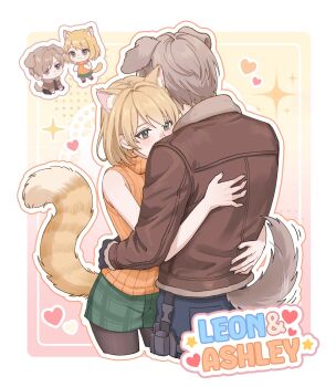 1boy 1girl animal_ears ashley_graham blonde_hair blush breasts cat_ears cat_tail commentary_request green_skirt hetero highres leon_s._kennedy looking_at_viewer orange_shirt orange_sweater resident_evil resident_evil_4 resident_evil_4_(remake) sa_xing58393 shirt short_hair skirt sleeveless sleeveless_turtleneck smile sweater tail turtleneck
