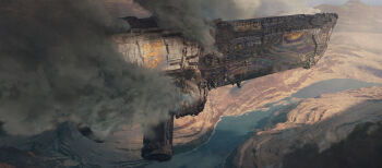 absurdres commentary day desert english_commentary felixriano highres landscape light_rays mountainous_horizon no_humans original outdoors river scenery science_fiction smoke water