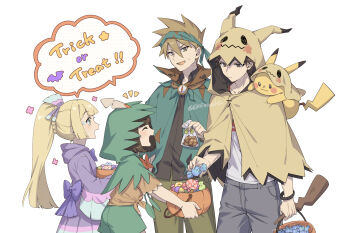 2boys 2girls 88_(einnimnech) black_hair black_shirt blonde_hair blue_oak blunt_bangs braid breasts brown_eyes brown_hair brown_pants brown_shirt candy cloak closed_eyes closed_mouth cosplay decidueye decidueye_(cosplay) dhelmise dhelmise_(cosplay) english_text food gen_1_pokemon gen_7_pokemon green_eyes green_headband green_shorts halloween halloween_bucket halloween_costume headband highres holding holding_candy holding_food hood hood_down hood_up hooded_cloak hoodie lillie_(pokemon) long_hair mimikyu mimikyu_(cosplay) multiple_boys multiple_girls nintendo on_shoulder open_mouth oricorio oricorio_(cosplay) oricorio_(sensu) pants pikachu pokemon pokemon_(creature) pokemon_on_shoulder pokemon_sm ponytail ponytail_with_braided_base purple_hoodie red_(pokemon) selene_(pokemon) shirt short_hair shorts smile speech_bubble spiked_hair white_shirt