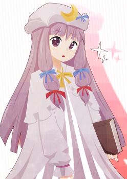 1girl absurdres book commentary crescent crescent_hat_ornament dress english_commentary hat hat_ornament highres holding holding_book long_hair looking_at_viewer mob_cap open_mouth patchouli_knowledge pink_dress pink_hat purple_eyes purple_hair rollanan sidelocks solo touhou